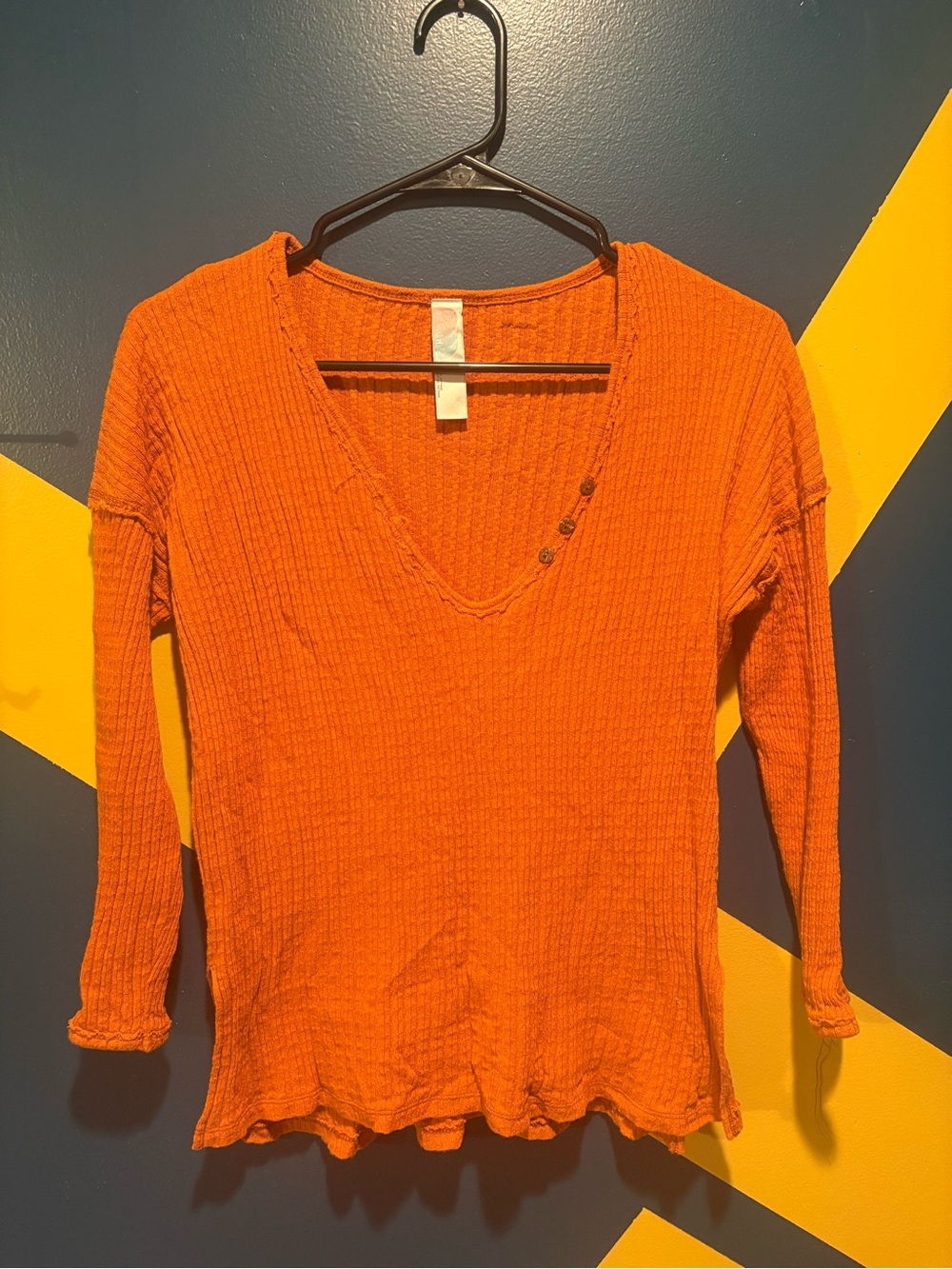 Free People Beach Burnt Orange V-Neck Waffle Knit Top EUC